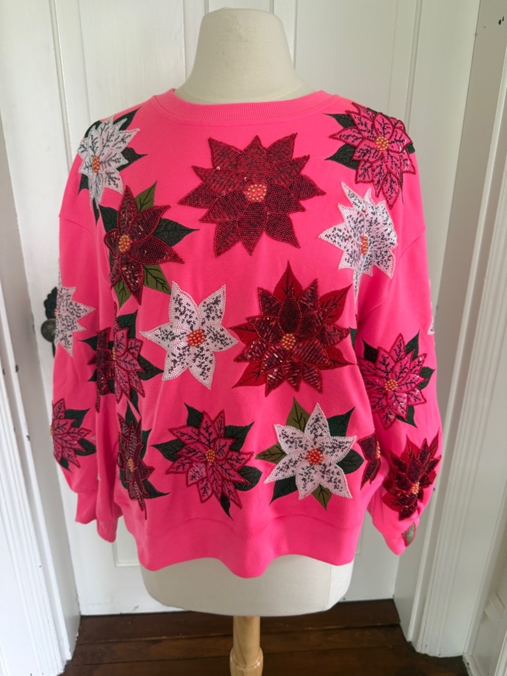 QUEEN OF SPARKLES Pink Poinsettia Sweatshirt - Picture 4 of 4
